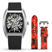 Karl Brave Horloges voor Mannen Waterdicht - Herenhorloges met Stalen Band - Automatisch Horloge Heren Zwart/Zilver + Rood Horlogebandje