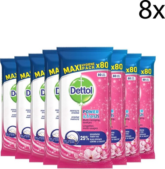 Dettol - Schoonmaakdoekjes - Power & Fresh - Kersenbloesem - 80 stuks x8 - Voordeelverpakking