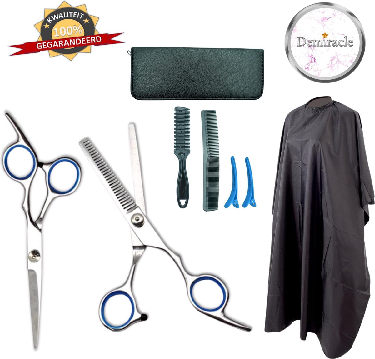 Demiracle Professionele Kappersset inclusief Premium Kapmantel en Trimkam – Salonkwaliteit – Zilveren scharen – Leren Etui – Kapper – Knipschaar – Effileerschaar – Uitdunschaar – Kappersschort - Ergonomisch