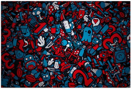 Poster – Rood/Blauwe Doodles  - 60x40cm Foto op Posterpapier