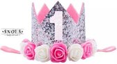 Snoes Verjaardag kroon Zilver Roze Roosjes Baby 1 Jaar verjaardag Meisje hoed feest verjaardag versiering 1 jaar baby verjaardagskroon