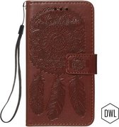 gsm hoesje relief kunstleer voor Samsung Galaxy A70 - bruin relief design hoesje A70 - Samsung A70 Book case cover met ruimte voor pasjes