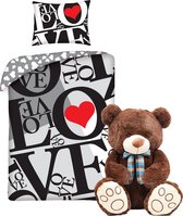 Dekbedovertrek Liefde rood hart-140 x 200 cm - Love dekbed - Valentijnsdag , incl. lieve knuffelbeer pluche 60cm