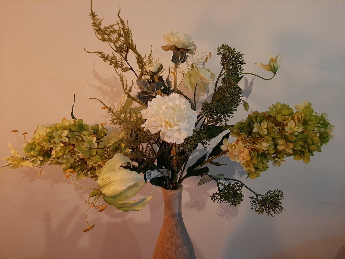 Zijden bloemen, Kunstbloemen, Nepbloemen, Zijdenboeket, , Zijden boeket - Luxe Zijden Bloemen - wit groen gemengd veldboeket