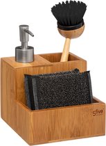 Pompe à savon à main en bambou avec brosse à vaisselle et éponge - Organisateur d'évier de cuisine