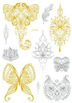 Temporary tattoo | tijdelijke tattoo | goudfolie - zilverfolie | vlinder - olifant - etc | 150 x 210 mm