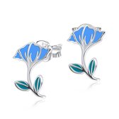 Joy|S - Zilveren Hibiscus oorbellen - blauwe bloem - 10 x 14 mm