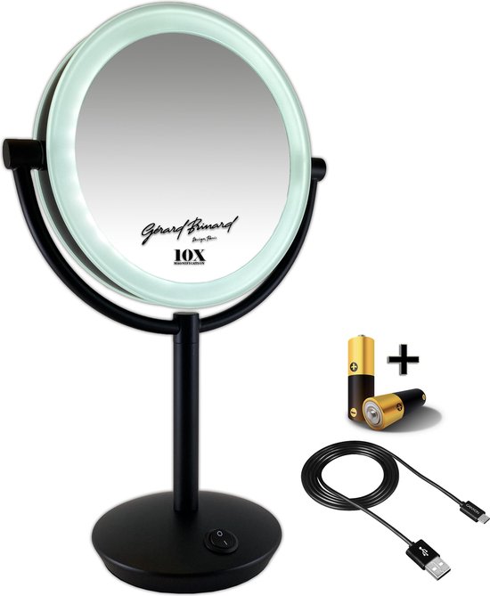 Metalen verlichte Make-up LED Spiegel ZWART of (chroom) 10X of (7x) vergroting 19cm doorsnee, inclusief 4x AA batterijen en USB stroomkabel - Gerard Brinard