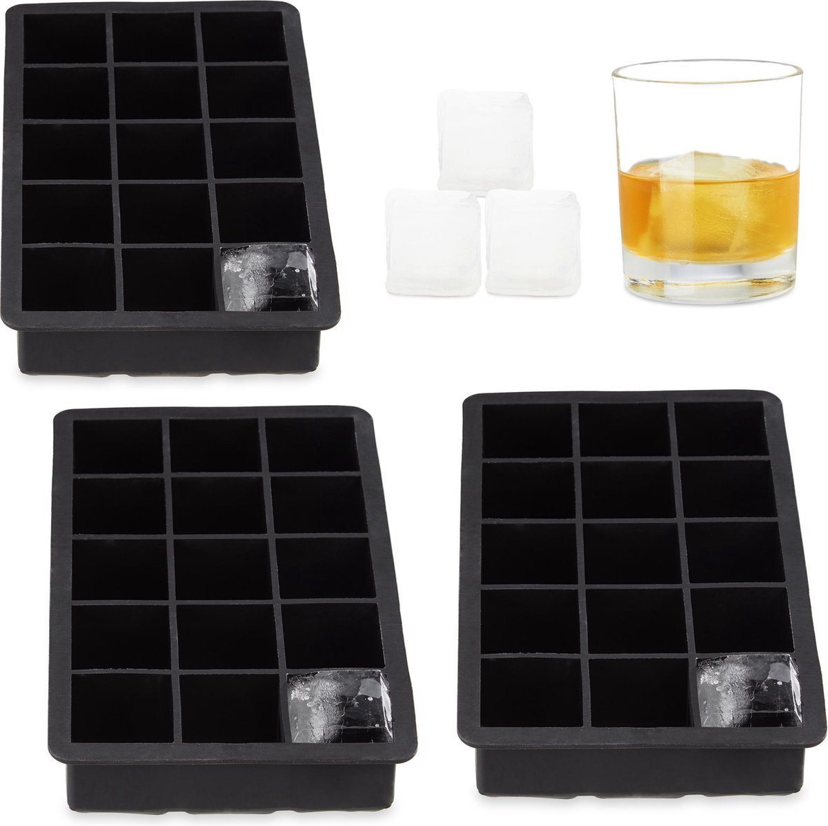 Relaxdays 3x Siliconen ijsblokjesvorm - 3,5 cm ijsblokken- vierkant - ijsblokkenhouder