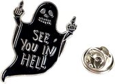 Emaille Pin Van Een Spook Met See You In Hell Tekst 2.3 cm / 3 cm / Zwart Zilver
