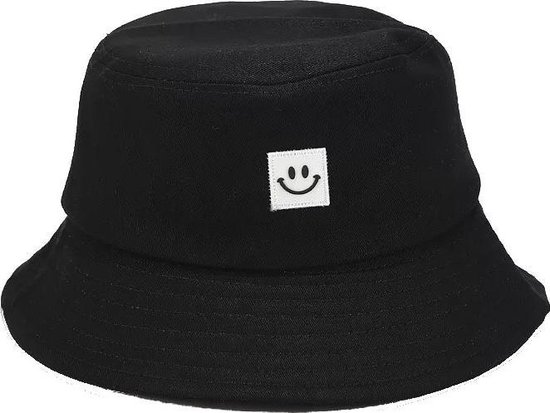 Bucket Hat Smiley - Dames Heren Unisex Vissershoedje Hoed Katoen - Zwart Wit