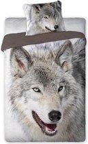 1-persoons dekbedovertrek taupe-grijs met grote stoere wilde wolf (fotoprint) KATOEN 140 x 200 cm