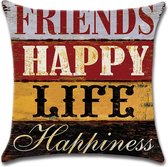 WomensFavorites Sierkussen Vintage Jutte Happy Life en Friends - Klassieke Kussen met tekst 50x50 cm - Leuk cadeau voor Moeder/Tante/Vriendin/Oma - Samenwonen cadeau - Bijzondere en Luxe Kleu