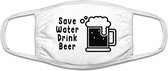 Save water drink beer mondkapje | drank | bier | kroeg | grappig | gezichtsmasker | bescherming | bedrukt | logo | Wit mondmasker van katoen, uitwasbaar & herbruikbaar. Geschikt vo