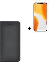 iPhone 12 - Protecteur d'écran iPhone 12 - Bookcase portefeuille étui portefeuille Ultra fin en cuir véritable Zwart + protecteur d'écran