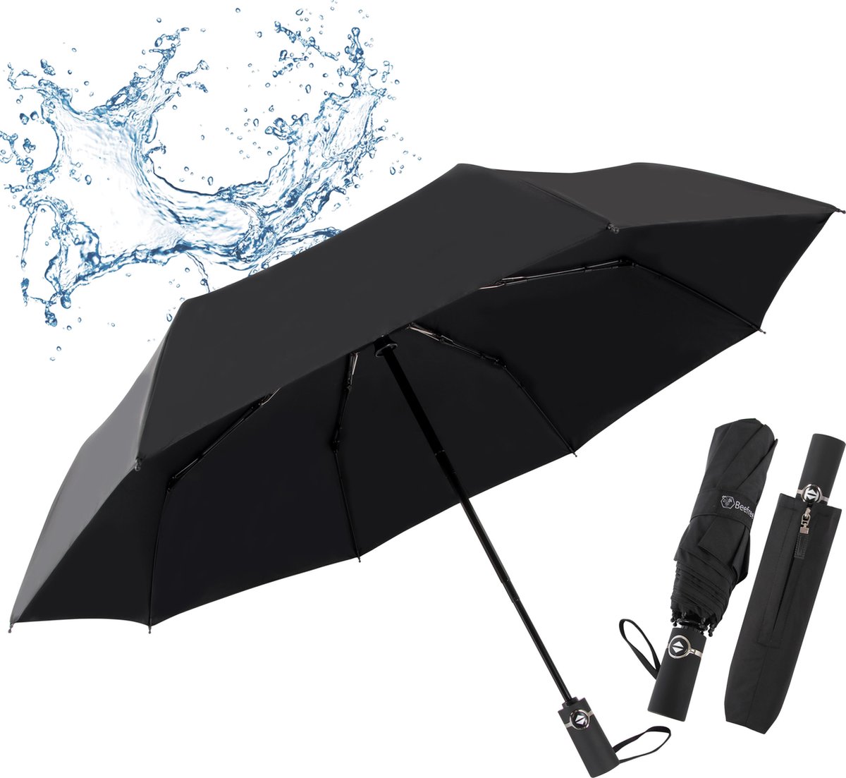 Beefree 100% glasvezel duurzame paraplu - 103cm - UV bescherming - zwart - Beefree