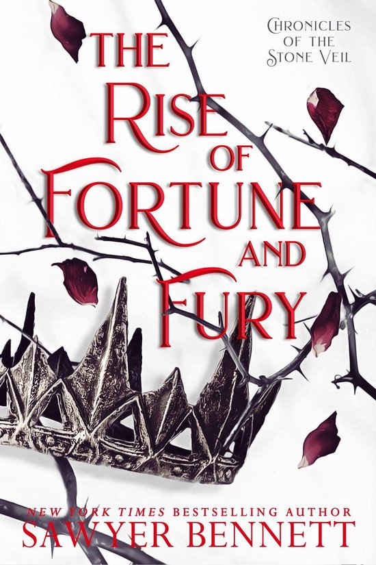 Boekomslag met rode tekst 'The Rise of Fortune and Fury' en een kroon, omringd door takken en bloemblaadjes.
