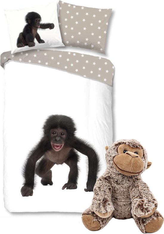 Good Morning Dekbedovertrek Aap met zachte apen knuffel 22 cm -kinder set, slaapkamer dekbed, 140 x 220 cm, pluche aapje speelgoed