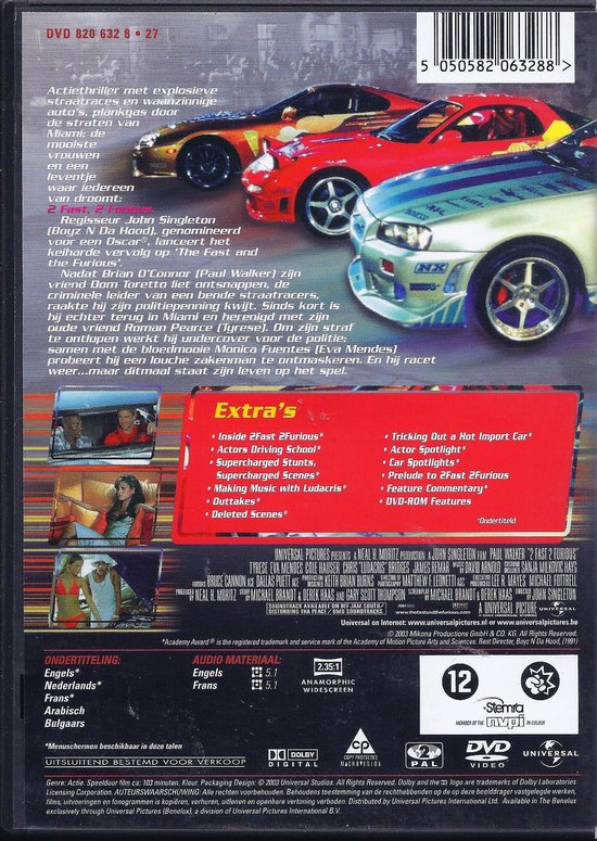 DVD hoes van 2 Fast 2 Furious met rode en blauwe sportwagens en de cast.