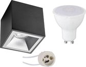 Opbouwspot Set - Aigi - Pragmi Cliron Pro - GU10 Fitting - Opbouw Vierkant - Mat Zwart/Zilver - 8W - Warm Wit 3000K - Verdiept - 90mm - BSE