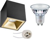 Opbouwspot Set - Pragmi Cliron Pro - GU10 Fitting - Opbouw Vierkant - Mat Zwart/Goud - Verdiept - 90mm - Philips - MASTER 927 36D VLE - 4.9W - Warm Wit 2200K-2700K - DimTone Dimbaar - BES LED