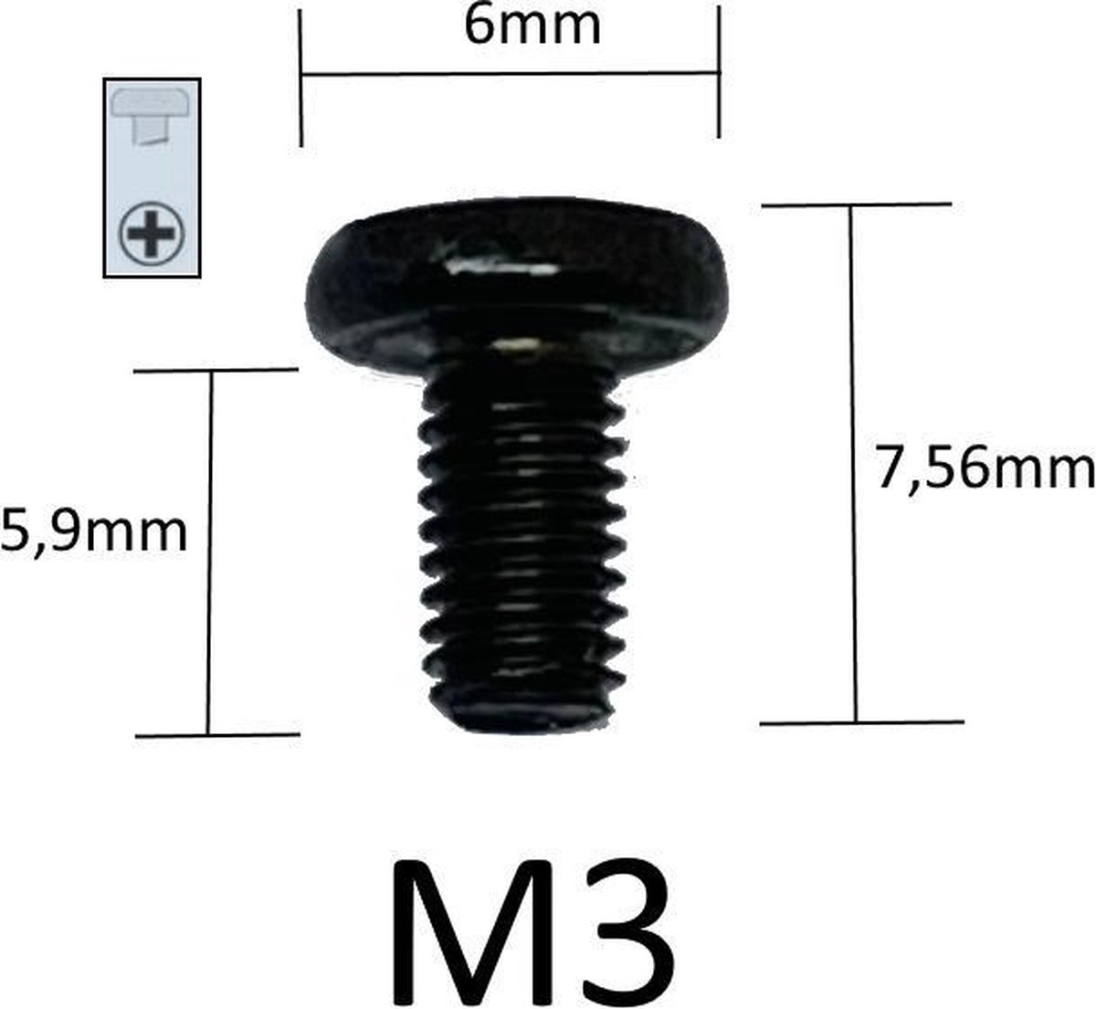 M3x6 zwart schroeven | 3mm metaalschroeven | 6x7,5x5,9mm | verpakt per 10 stuks