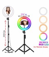 Selfie LED Ring Lamp met Kleuren 33Cm / RGB LED + Statief Tripod Camera 210 CM hoog Inclusief Bluetooth afstandsbediening en Telefoonhouder Smartphone – HiCHiCO