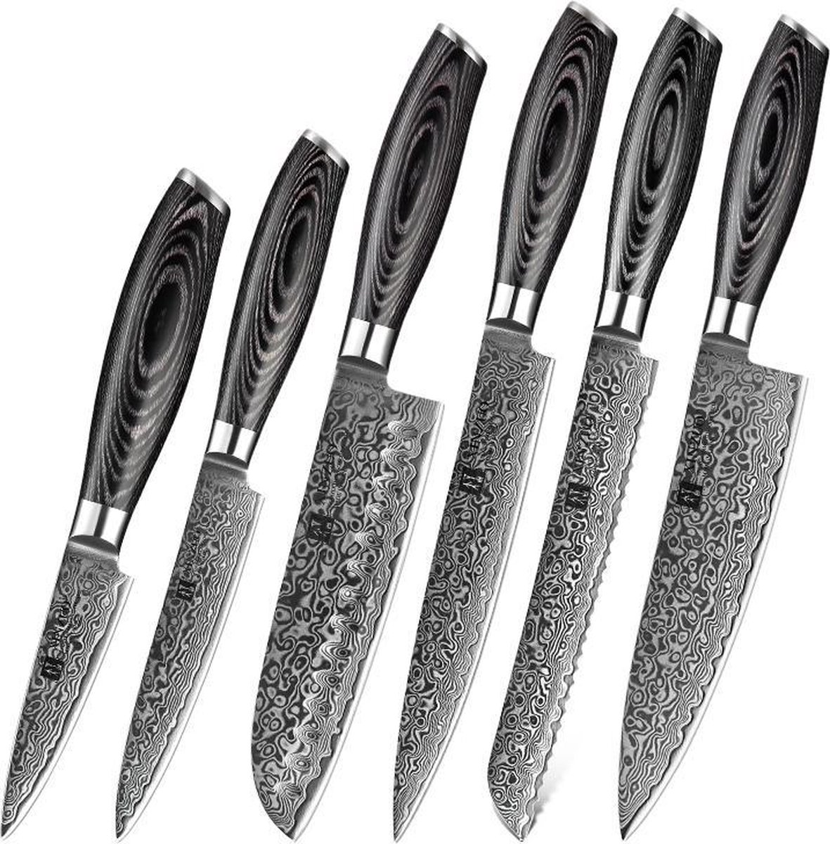 Luxe en Professionele 6-delige Keukenmessen-set van Damascus Staal (67 lagen, VG10) en Rozenhouten handgrepen | Koksmes + Santokumes + Broodmes + Vleesmes + Groentemes + Schilmes | Xinzuo B20 Series