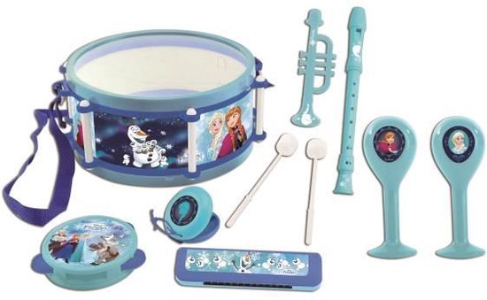 Disney Frozen - Elsa Anna - Muziekset-7 Muziekinstrumenten (Trommel, Maracas, Castanet, Harmonika, Blockflöte, Trompete, Tamburin), Spielzeug Bequem zu tragen, blauw / wit, K360FZ