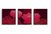 Poster Set 3 Rood Gouden Lotussen - 80x60cm - Planten / Bloemen - Muurdecoratie