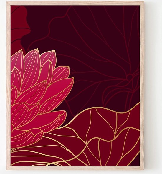 Poster Rood Gouden Lotus Rechts - 80x60cm - Planten / Bloemen - Muurdecoratie