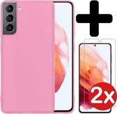 Samsung S21 Plus Hoesje Siliconen Case Met 2x Screenprotector - Samsung S21 Plus Hoes Cover Met 2x Screenprotector - Licht Roze