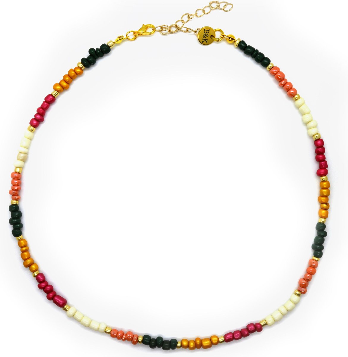 Ketting kralen rood, roze, geel, beige en groen