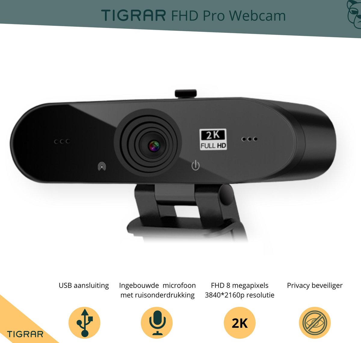 Tigrar - webcam voor pc - Streamcam - Streaming webcam - Resolutie 3840*2160p - 8 Megapixels - Privacy Schuifje - Thuiswerken, Laptop, Online Lessen - Plug and Play