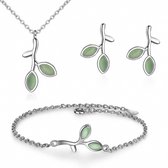 Set 3 delig- Green Leaf-ketting-oorbellen-armband- Zilver-Charme Bijoux