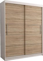 E-MEUBILAIR Zweefdeurkast Kledingkast Garderobekast met planken en kledingstang - 150x61x200 cm (BxDxH) - LARA 06 (Wit+Sonoma)