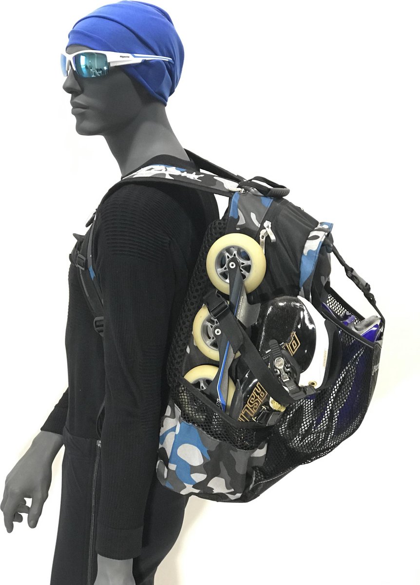 Icetec | Wedstrijd schaats rugzak 45ltr incl. helmvak 2.0-2025 - Camouflage Blauw - special voor "de Echte schaatser" Schaats+Skeelers+Mountainbike+Wielrennen comfortabele rugpads - gebruiksvriendelijk 9 vakken