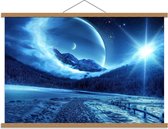 Schoolplaat – Magische Maan boven Bergen - 90x60cm Foto op Textielposter (Wanddecoratie op Schoolplaat)