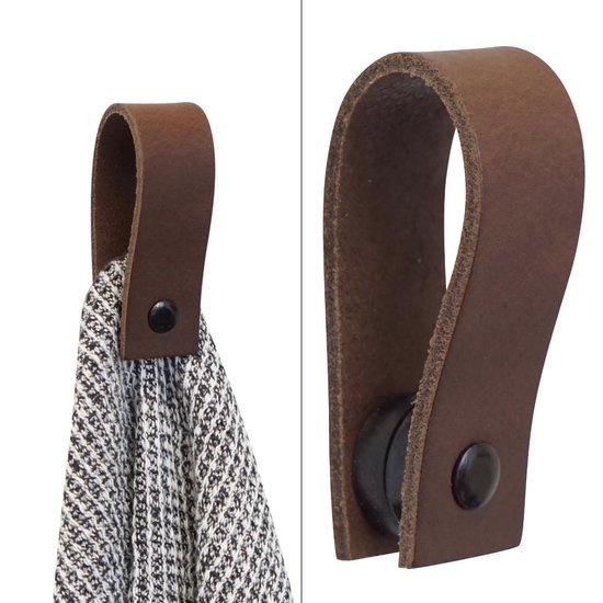 1x Leren magneet-lus - DONKERBRUIN - Handles and more® (handdoekhaak - handdoekhaakje - handdoeklus - handdoekhanger - magnetische handdoekhouder - ophanghaak)