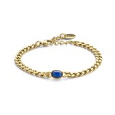 CO88 Collection 8CB-90760 Stalen Armband - Gourmette Schakel - Blauw Steentje - 16,5 + 3 cm - Goudkleurig