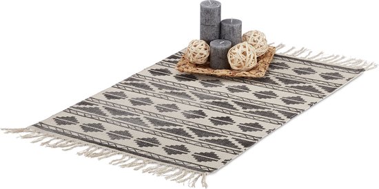 tapis à motifs relaxdays - avec franges - tapis à poils ras - formes géométriques Noir, 60 x 90 cm