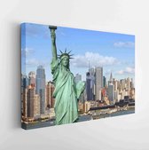 New York City skyline cityscape with statue of liberty over Hudson river. Midtown Manhattan with skyscrapers and USA America freight sailing ship. - Modern Art Canvas - Horizontal - 57571180 - 115*75 Horizontal