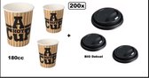 200x Koffiebeker karton A Hot Cup 180ml met BIO deksel zwart - biologisch afbreekbare deksel - Koffie thee chocomel soep drank water beker karton