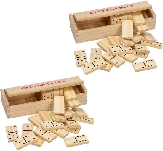 Afbeelding van het spel 2x doosje Houten domino spel in kistje - 56x dominostenen - Gezelschapsspel - Familiespel
