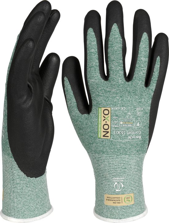Zwarte werkhandschoenen met lichtgroene gebreide manchet en grijze accenten. Maat L/9. Met OX-ON logo.