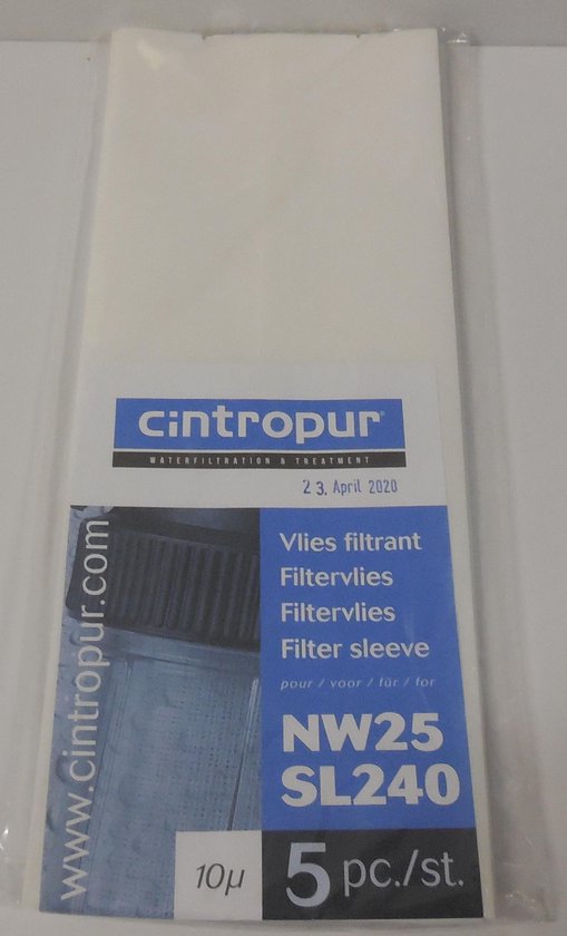 Verpakking met 5 witte Cintropur filtervliezen, type NW25 SL240, 10 micron.