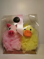 set van 2 mesh sponzen voor kind of baby in de douche of bad te gebruiken - babygeschenkje- geschenkverpakking