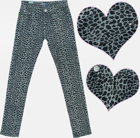 Meisjesbroek jeans panterprint grijs maat 152/158
