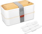 Bento Box Set incl. bestekhouder - lunchbox met bestek en bamboe deksel - broodtrommel 2 vakken luchtdicht