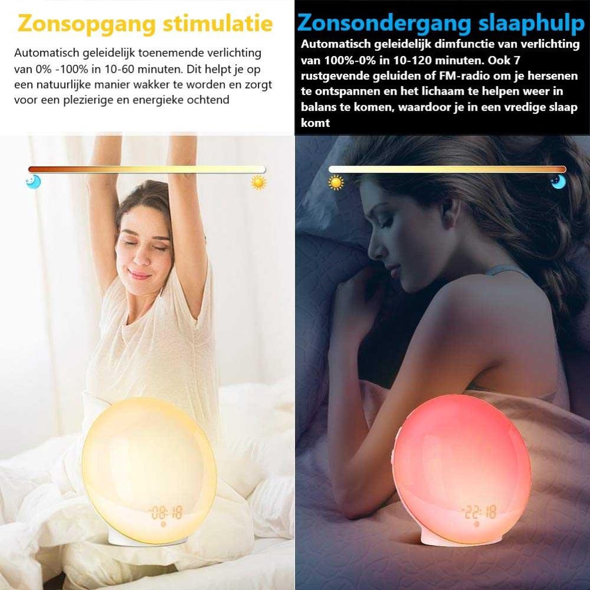 COULAX Lichtwekker, daglichtwekker, wake-up licht, zonsopgangsimulatie, wekker met twee alarmen, 20 helderheid, 7 natuurlijke geluiden, FM-radio